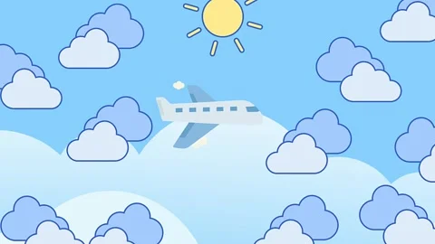 Cartoon airplane flying through a sky filled with fluffy clouds Stockbeeldmateriaal 335360809