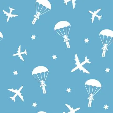 Cartoon Airplane seamless pattern, vector background with parachutists 스톡 일러스트
