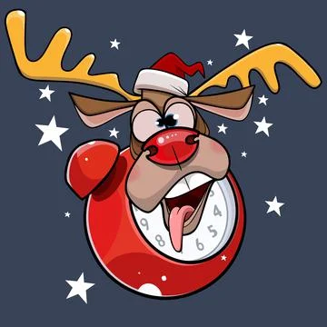 Cartoon alarm clock with a funny muzzle of a deer wearing a christmas hat Stock Illustration