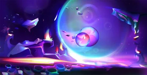 Cartoon alien planet landscape with rocks and purple galaxy sky Stock Illustration