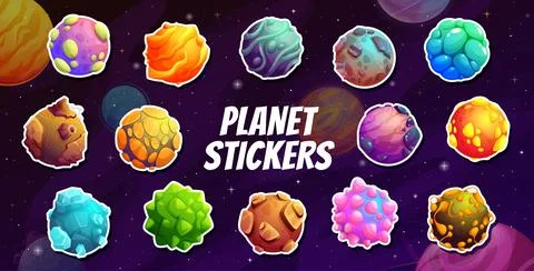 Cartoon alien space planets and stars stickers Illustrazione stock