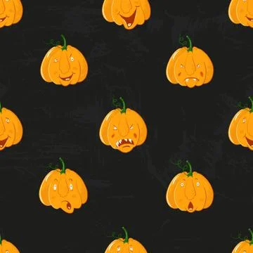 Cartoon alive pumpkins seamless pattern. Pumpkin from different sides background Stock Illustration