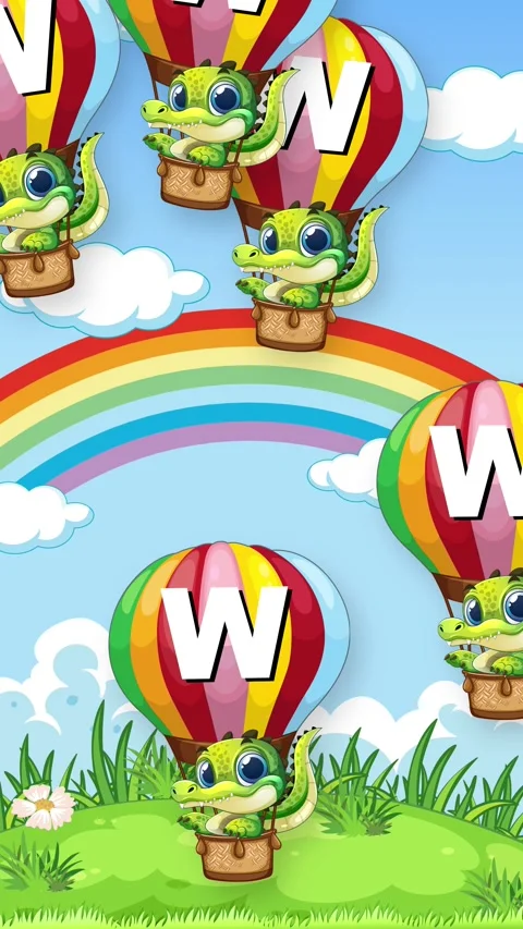 Cartoon Alligators Falling in Hot Air Balloons Over Rainbow Background Stock Footage 339989045