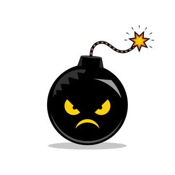 Cartoon Angry Black Bomb with Burning Fuse and Evil Face Isolated on White .. Stock Illustration