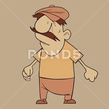 Cartoon Angry Mustachioed Man In A Cap Clenched His Fists