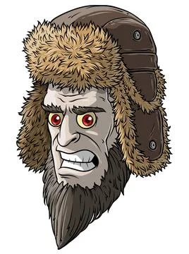 Cartoon angry pale devil man in fur winter hat Stock Illustration