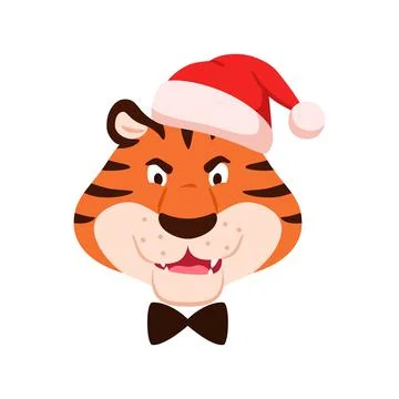 Cartoon angry roaring tiger muzzle in Santa hat Stock Illustration