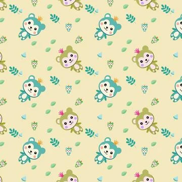 Cartoon Animal and Leaf Pattern with Blue and Green Bears Stock Illustration