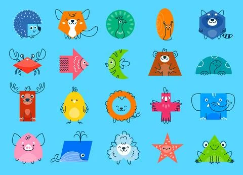 Cartoon animal characters with math shapes Stock Illustration