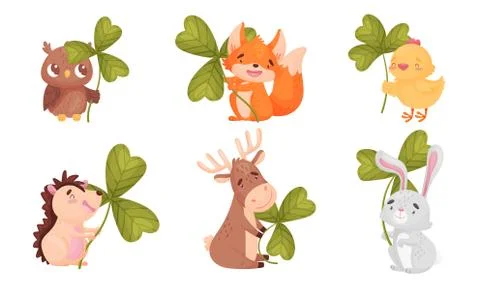 Cartoon Animals with Clover Leaf on Stalk Isolated on White Background Vector Stock Illustration