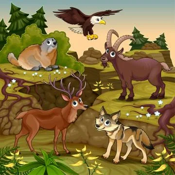 Cartoon animals, deer, eagle, groundhog, steinbock, wolf with landscape Stock Illustration