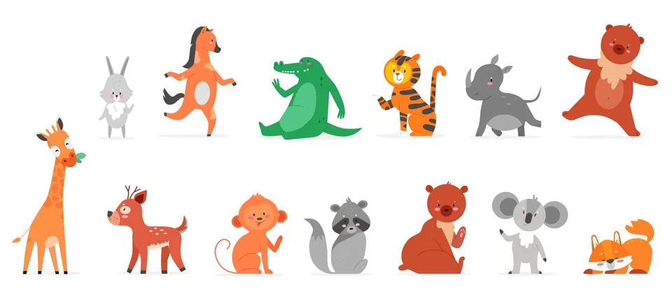 Cartoon animals flat vector illustrations, funny wild zoo animal characters Illustration
