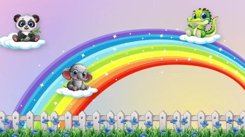 Cartoon Animals Floating on Clouds Over Rainbow and Garden Fence Stock Footage 340758294