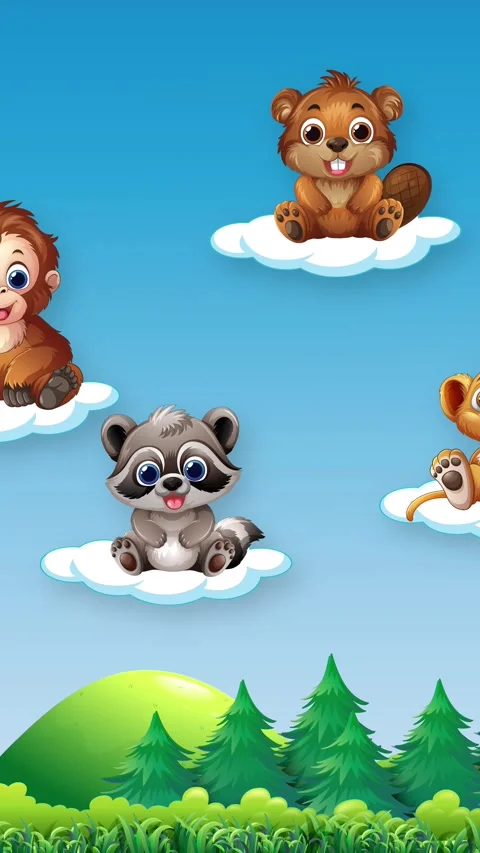 Cartoon Animals Floating on Clouds Over Green Forest Background Stock Footage 341838909
