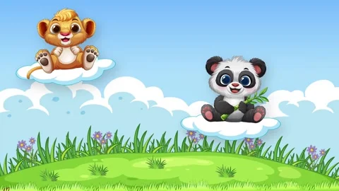 Cartoon Animals Floating on Clouds Over Green Meadow Background Stock Footage 342316211