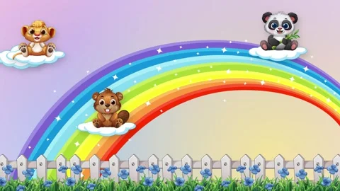 Cartoon Animals Floating on Clouds Over Rainbow and Garden Fence Stock Footage 346435261