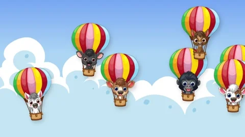 Cartoon Animals Floating in Colorful Hot Air Balloons Across Cloudy Sky Stock Footage 339754276