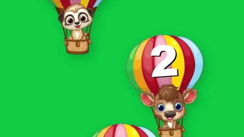 Cartoon Animals Floating in Numbered Hot Air Balloons on Green Screen Stock Footage 344937499