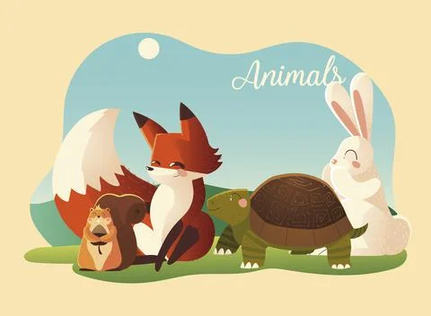 Cartoon animals fox rabbit turtle and squirrel in the landscape Stock Illustration
