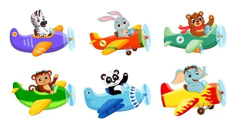 Cartoon animals on planes, cute vector pilots Stock Illustration