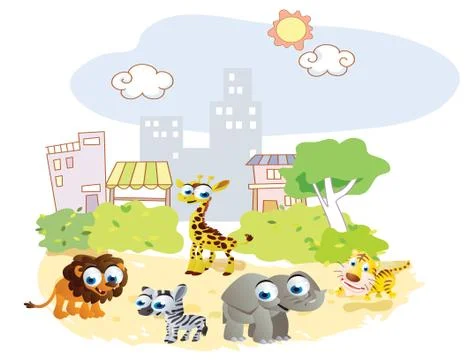Cartoon animals playing in the park city Stock Illustration