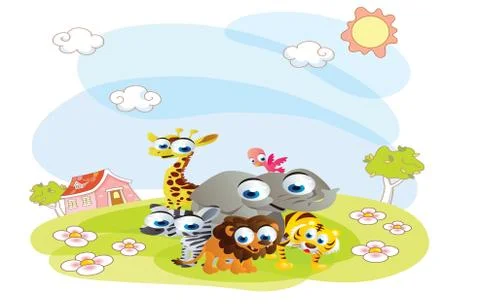 Cartoon animals posing in the summer Stock Illustration