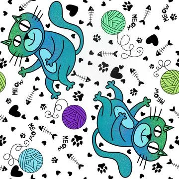 Cartoon animals seamless cats pattern for wrapping paper and fabrics Stock Illustration