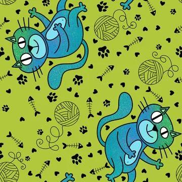 Cartoon animals seamless cats pattern for wrapping paper and fabrics Stock Illustration