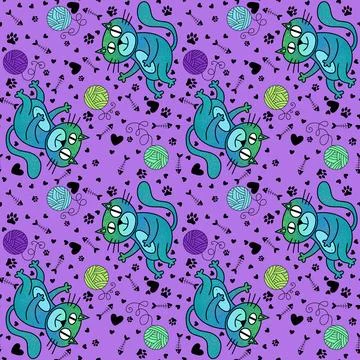 Cartoon animals seamless cats pattern for wrapping paper and fabrics Stock Illustration
