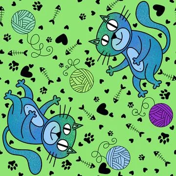 Cartoon animals seamless cats pattern for wrapping paper and fabrics Stock Illustration