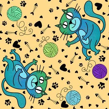 Cartoon animals seamless cats pattern for wrapping paper and fabrics Stock Illustration
