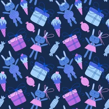 Cartoon animals seamless rabbit pattern for birthday wrapping paper Illustrazione stock