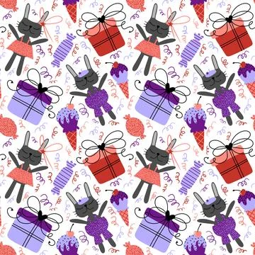 Cartoon animals seamless rabbit pattern for birthday wrapping paper Stock Illustration
