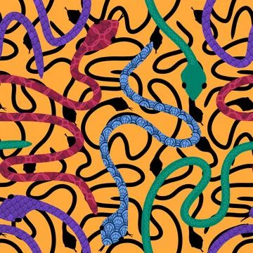 Cartoon animals seamless snake pattern for wrapping and kids new 2025 year Stock Illustration