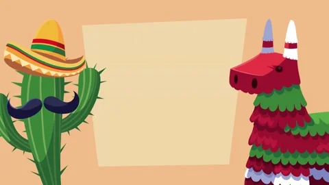 Cartoon animated fiesta background featuring a cactus with a sombrero and a.. Video stock 338425449