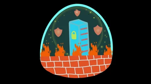Cartoon animated secure server with lock behind firewall and shields Video stock 313112658