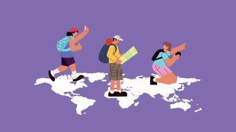 Cartoon animation of adventurous people exploring the world with backpacks .. Vídeo Stock 339046576