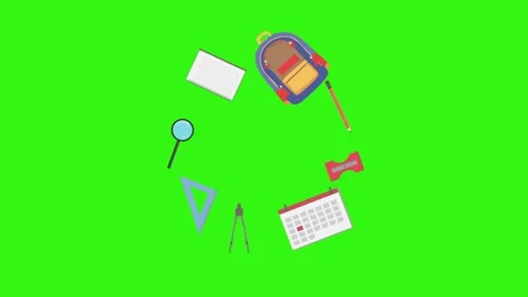 Cartoon animation of back to school object elements on green screen Stock Footage 314280206