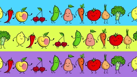 Cartoon animation background. Set of dancing fruits and vegetables. 4k 스톡 동영상 130518443