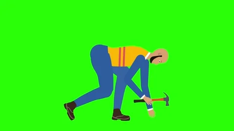 Cartoon animation of builder man character working with hammer on green screen Stock Footage 284373665
