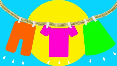 Cartoon animation of colored laundry hang out, with blue sky and yellow sun. Stock-Footage 89222974