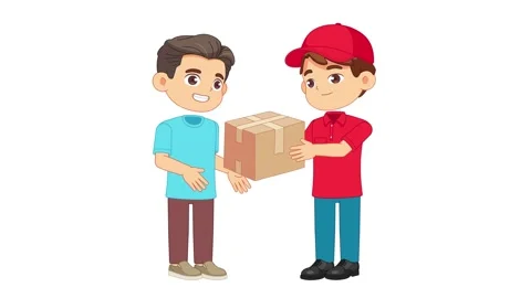Cartoon animation of a delivery worker handing a cardboard box to a customer Stock Footage 343897329