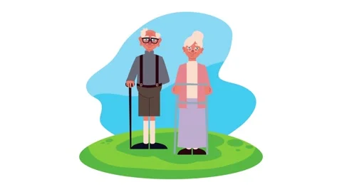Cartoon animation featuring happy elderly couple with mobility aids standin.. Stock Footage 339115488
