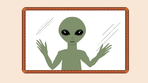 Cartoon animation green alien man looking through designer border glass window Stock Footage 94328014