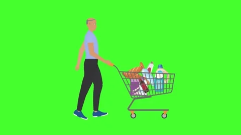 Cartoon animation of man character walking with shopping cart green screen 库存影片 305437593