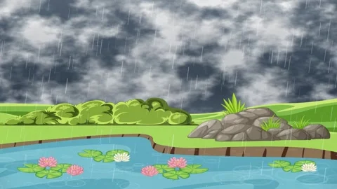 Cartoon Animation of Rain Falling on a Pond with Water Lilies Stock Footage 340195253