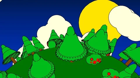 Cartoon animation. Rotating green globe with trees and bushes, blue sky and sun. Video stock 123583271