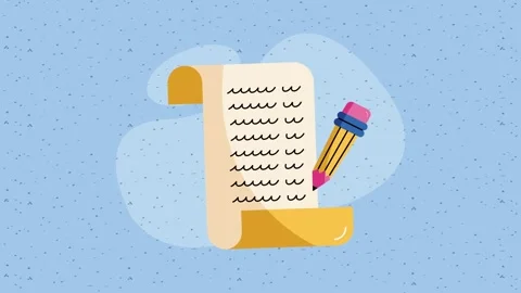 Cartoon animation showing document scroll paper and writing pencil with mot.. Stock Footage 339259212
