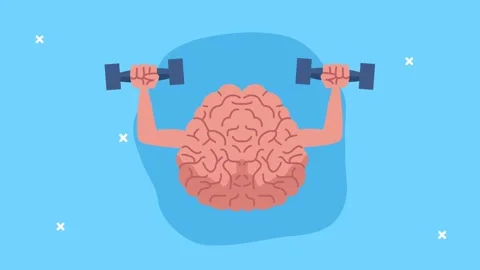 Cartoon animation showing human brain lifting dumbbells for mental workout .. Stock Footage 339216033