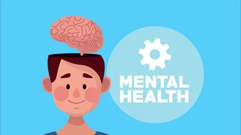 Cartoon animation showing human head with floating brain and mental health .. Видео 338419174